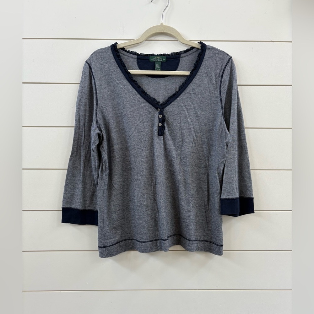 Lauren Ralph Lauren Navy 100% Cotton 3/4 Sleeve Top